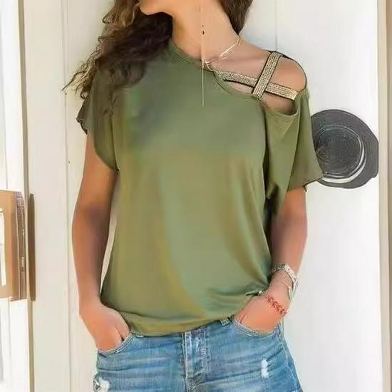 European & American Casual Slant Shoulder Irregular Short Sleeve Women's T-Shirt - Summer Fashion Trend
