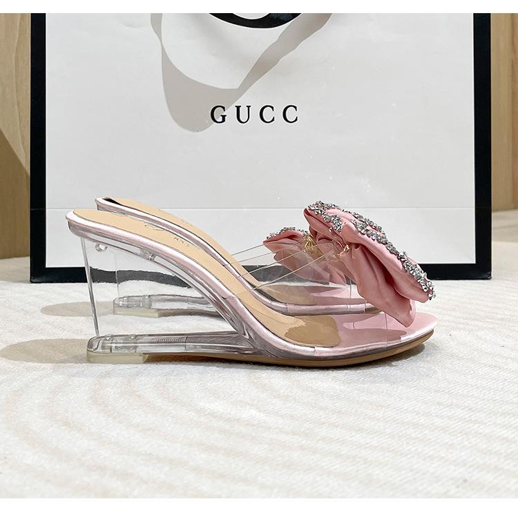 Новые женские летние пикантные прозрачные шлепанцы на высоком каблуке с кристаллами — фото 8