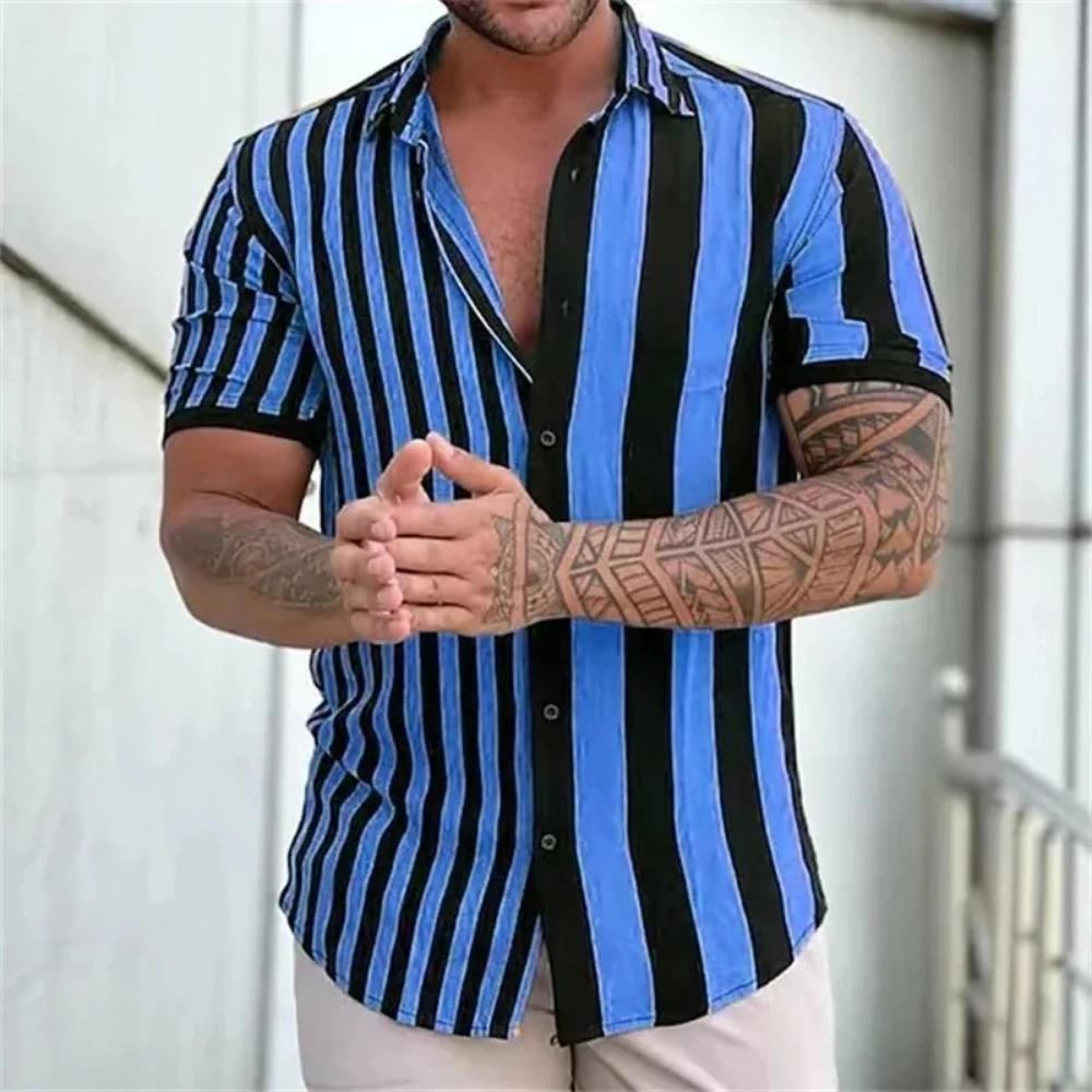 New Summer Men Clothes Short Sleeve Stripe Shirt Tops Men Casual Beach Shirt Tops