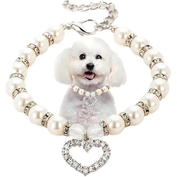 Hot Pink Pearl Dog Necklace, Beaded Cat Collar with Cute Crystal Heart Pendants Girl Dogs Necklace with Diamond Rhinestone for Puppy Small Medium
