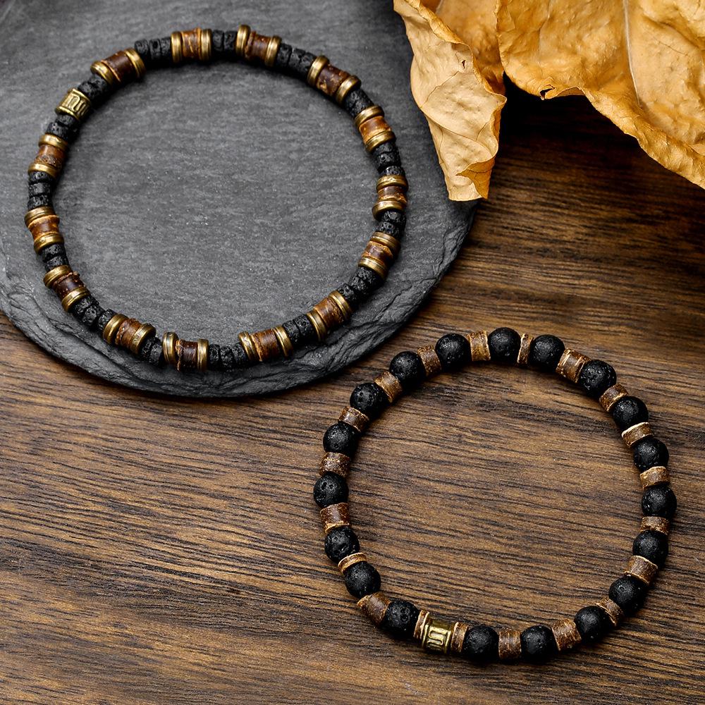Elastic Volcano Stone & Wood Bracelet Set - Retro Coconut Shell Stackable Jewelry for Men & Women