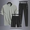 Men's Summer Simple Ice Silk Trendy Personalized Three Piece Set with Round Neck T-shirt Shorts Pants Loose Sports Set