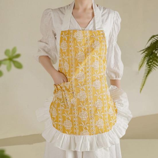 Damen Küchenschürze mit Taschen und Kapuze, floral bestickte Baumwollschürze, leicht, atmungsaktiv, Kochschürze im Vintage-Spitzenrüschen-Stil, Kochen