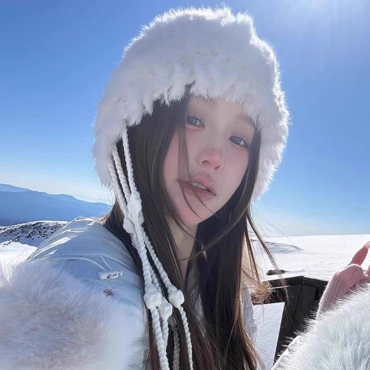 

24 autumn and winter new white handmade hat rabbit hair fringed snow hat cold protection ear protection warm soft waxy one size fits all белый