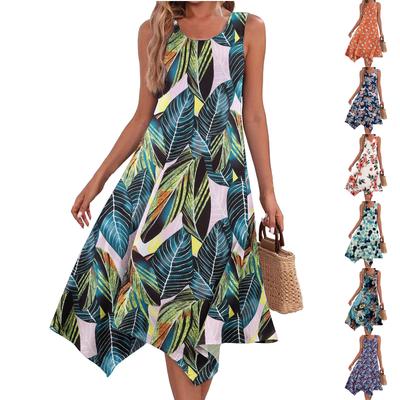 Women's Casual Fashion Round Neck Sleeveless Irregular Hem Floral Print Midi Dress