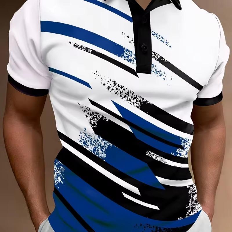 Fashion Men'S Polo Shirt 3D Geometric Stripe Pattern Summer Short Sleeve TShirts Casual Daily Lapel Tops Tees Striped T Shirt Man Clothing