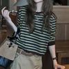 Korejská móda raného podzimu Tričko s dlouhým rukávem Jaro Podzim Všestranné Dámské Zelený Pruh Color Block Nášivka Top