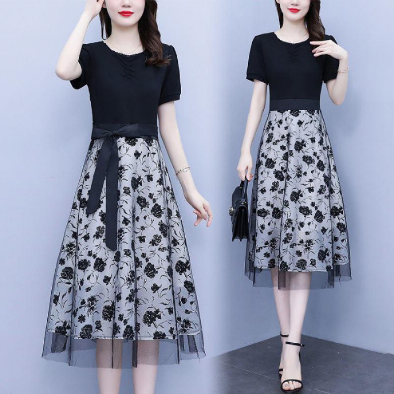 

Женское черное платье с сетчатыми вставками, имитирующее костюм из двух частей, с короткими рукавами, лето 2024 - Дизайн со шнуровкой, подчеркивающий талию. XL