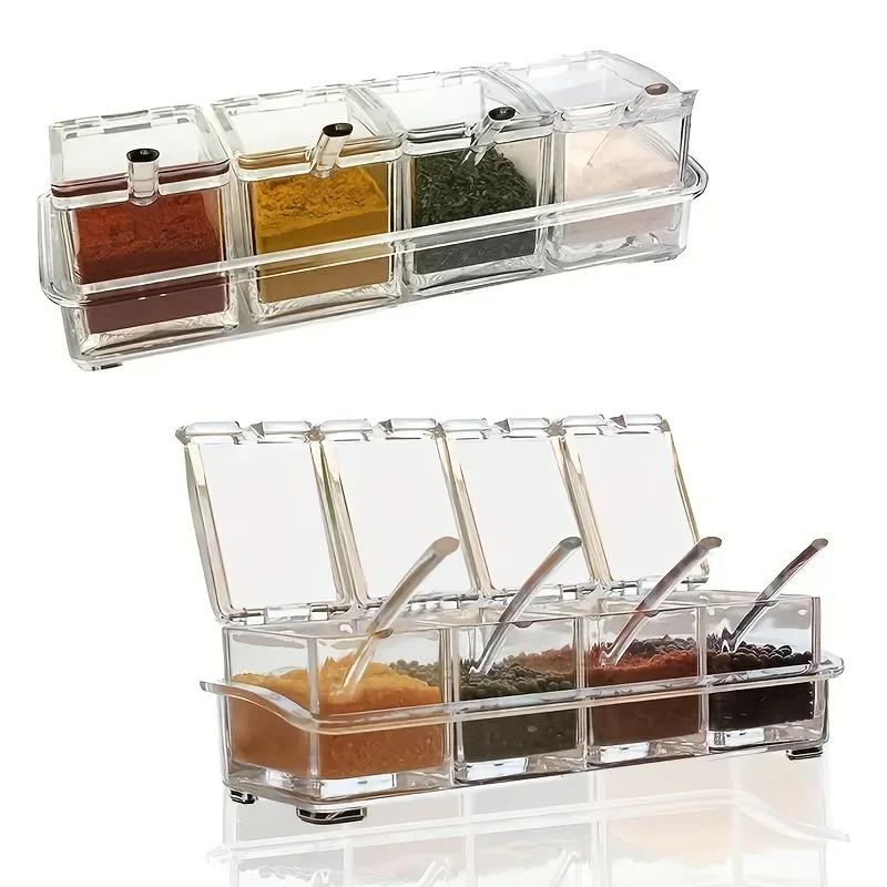 1SET/2SET Four Compartment Transparent Seasoning Box with Spoon Lid and Storage Base Sugar, MSG Four in One Storage Container