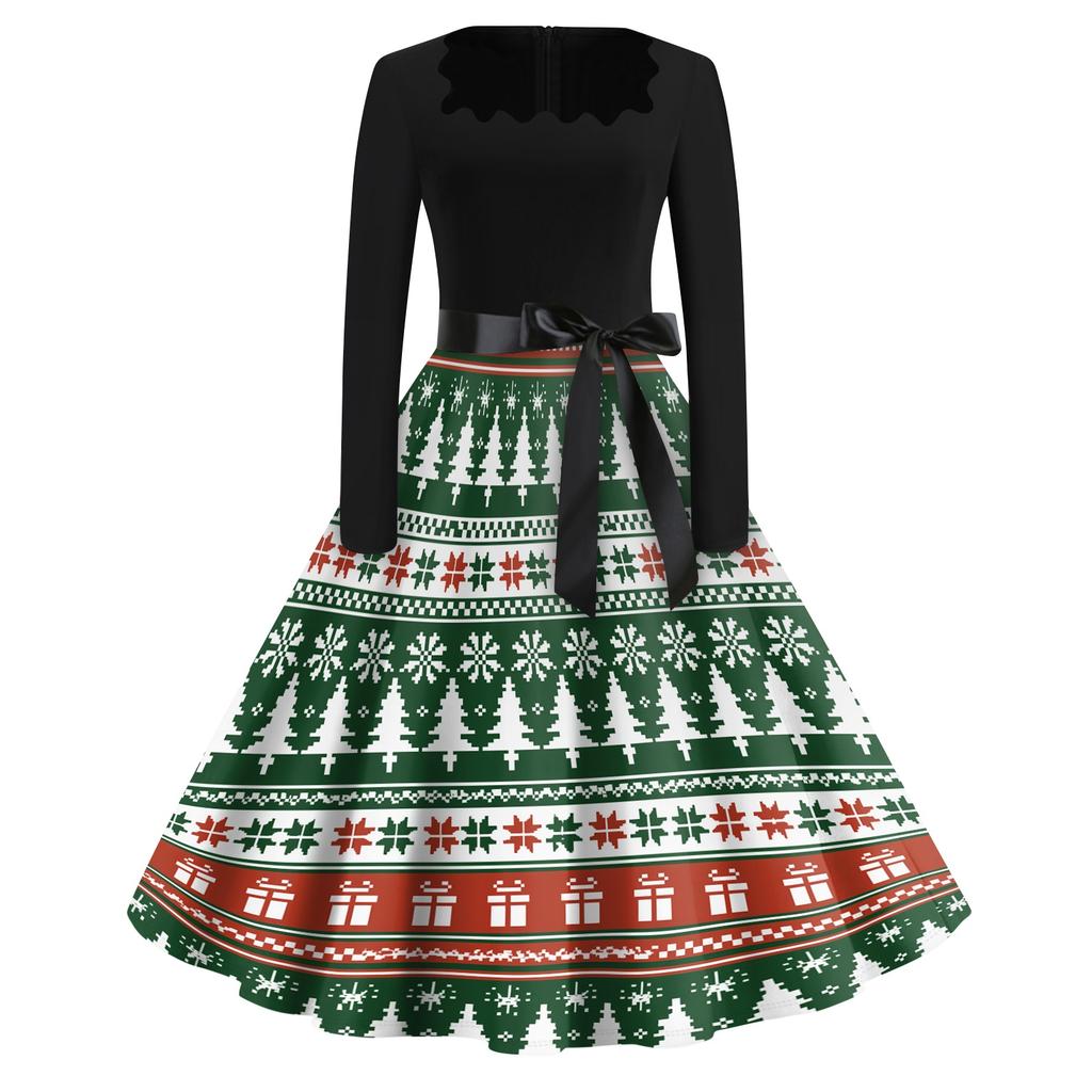 Women's Casual Christmas Print Square Neck Vintage Dress for Holiday Party and Everyday Wear