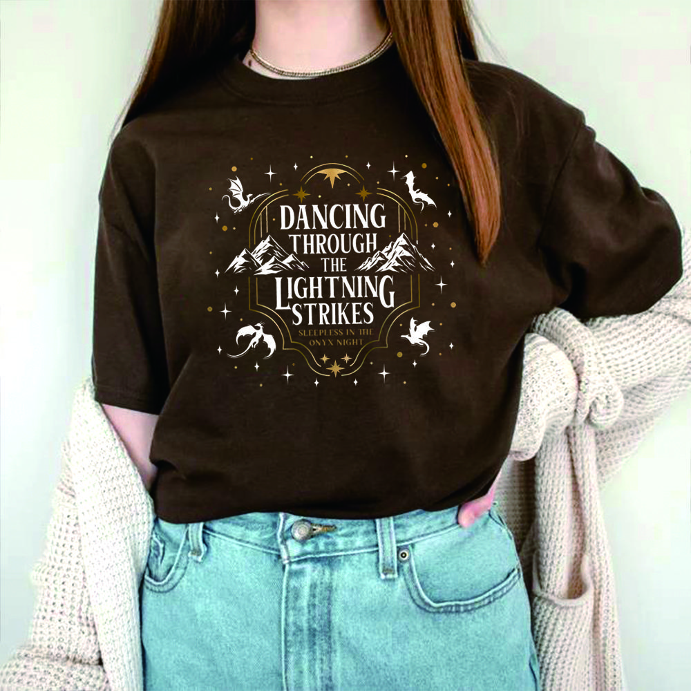 Dancing Through The Lightning Strikes T-shirt Fourth Wing Inspired Design Shirt Onyx Storm Short Sleeves Tops Dragon Lover Gift