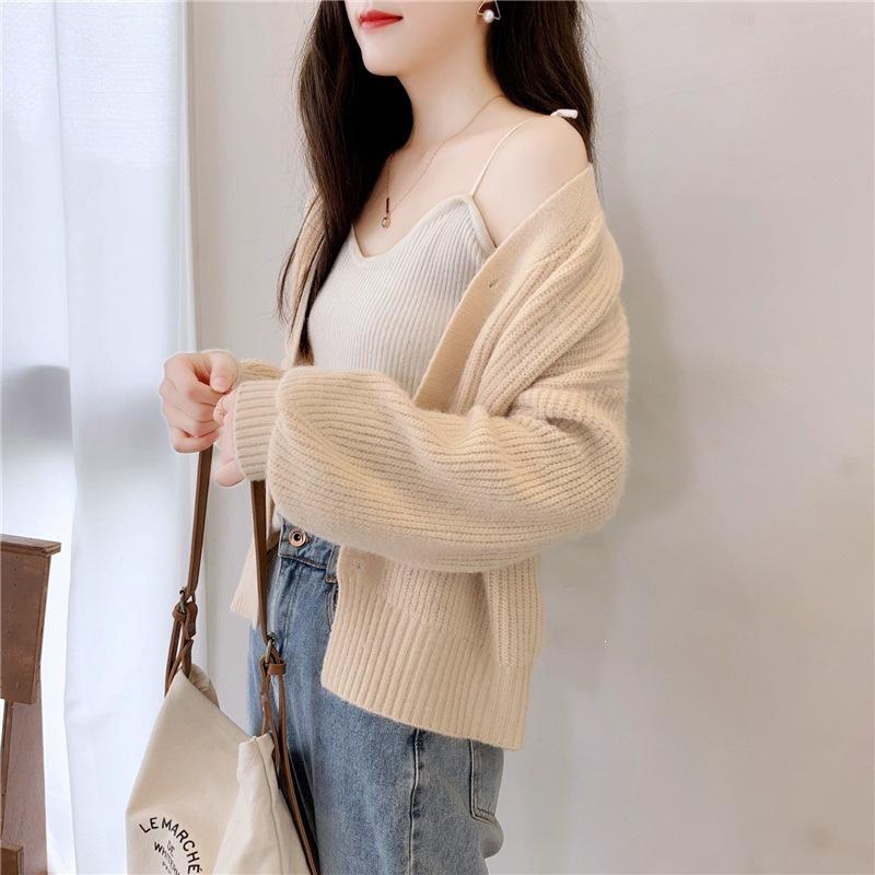 2026 Spring/Fall Women's French V-neck Long Sleeve Loose Knit Cardigan Sweater Coat