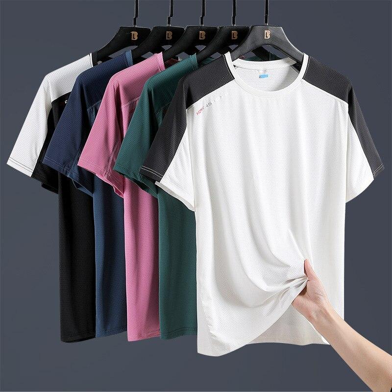 (L-5XL)Summer Ice Silk Quick Dry Sport T-shirt Camping Hiking Fishing Short-Sleeved Shirt Man Casual Loose Round Neck Gym Fitness Tops