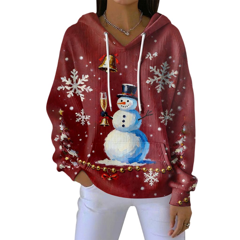 Women's Loose Comfortable Casual Fashion V-Neck Christmas Print Long Sleeve Hoodie