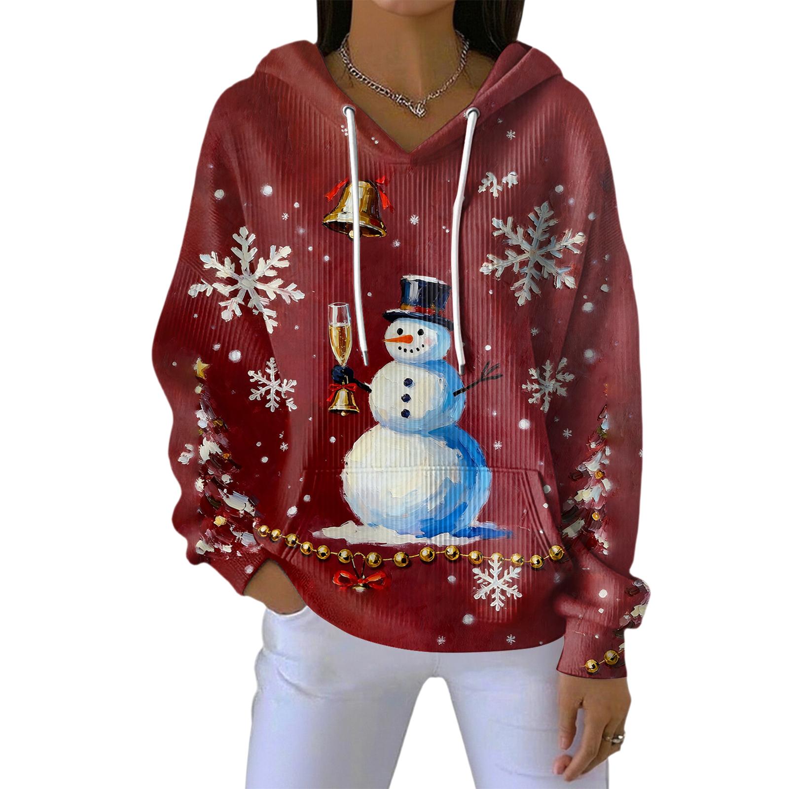 

Women s Loose Comfortable Casual Fashion V-Neck Christmas Print Long Sleeve Hoodie L