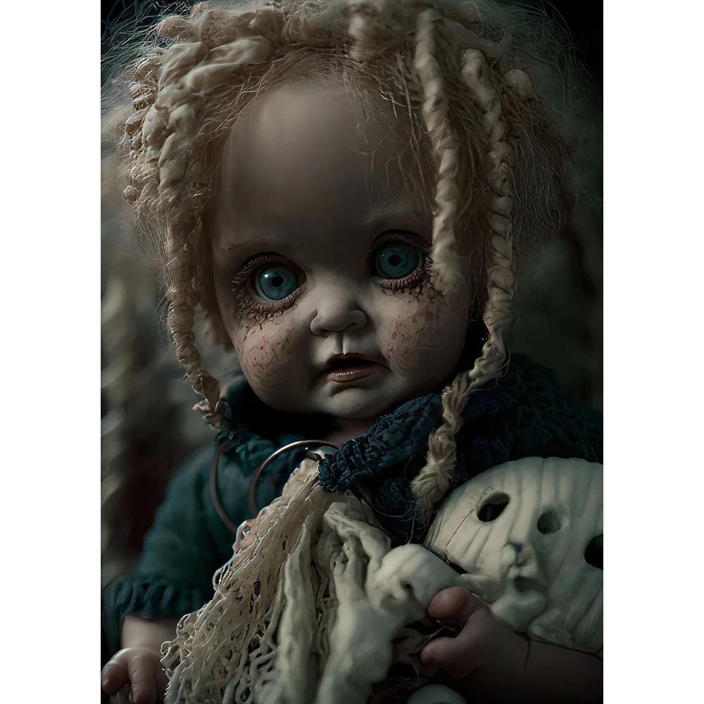 Vintage Gruselige Puppe Poster Blondes Haar Rissiges Gesicht Gotische Verfluchte Puppe Drucke Leinwandbild Wandbild Heim Wohnzimmer Dekor