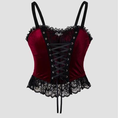 Dámské Elegantní Retro Tričko Y2K Gotický Styl Krajkové Bez zad Top Žena Vínově Červený Sling Tílko Vesta Sexy Slim Fit Crop Topy