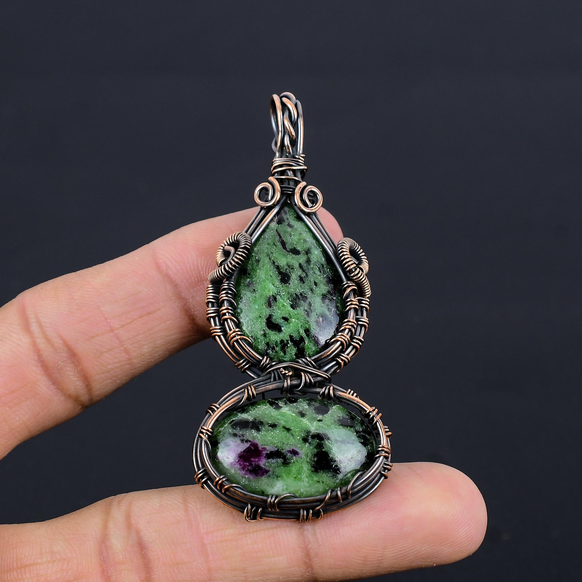 

Ruby Zoisite Pendant Gemstone Jewelry, 999 Copper Wire Wrapped Handmade Pendant, Latest Design Jewelry 2.55 Inches