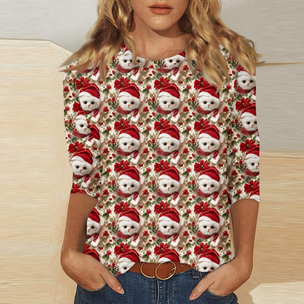 Women's fashionable casual three quarter sleeve Christmas printed round neck top