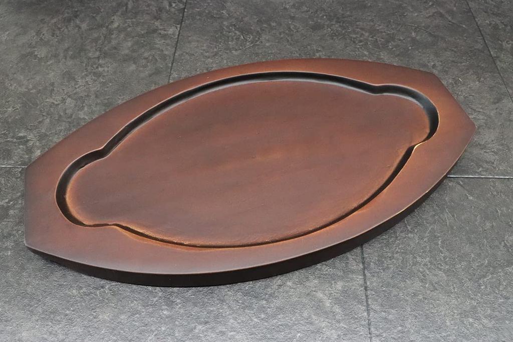 Asahi Steak Plate (with Wooden Base), Cast Iron, New Oval, Induction Compatible, Commercial Use