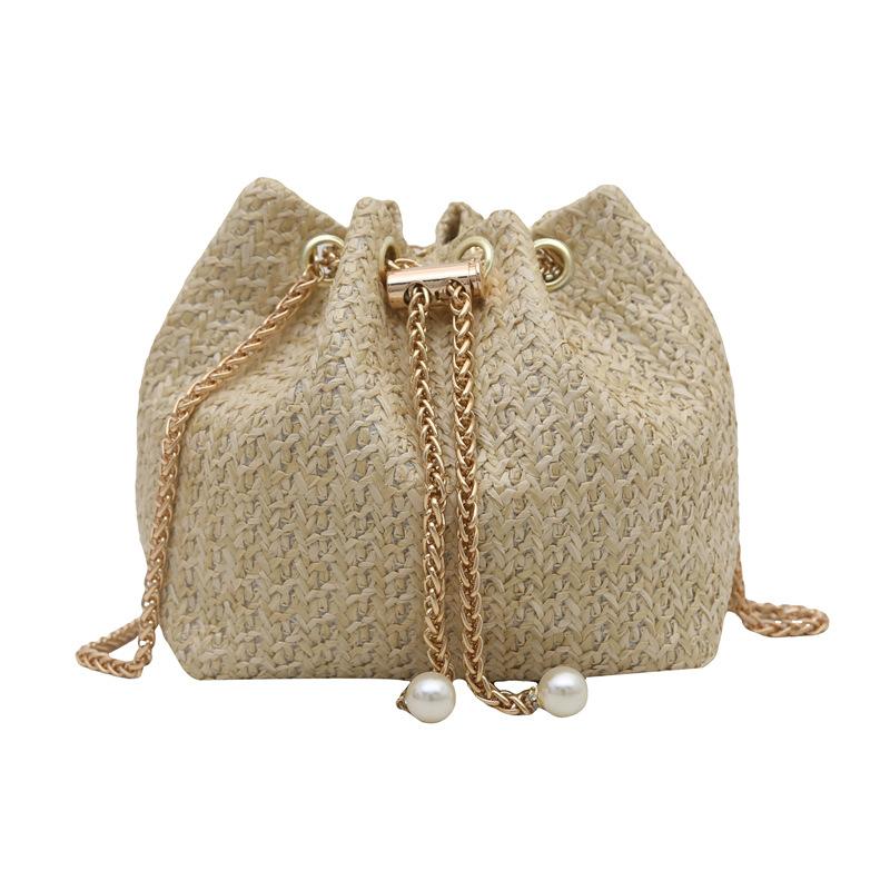 Straw Belt Chain New Summer Simple Solid Color Shoulder Crossbody Bucket Bag Women