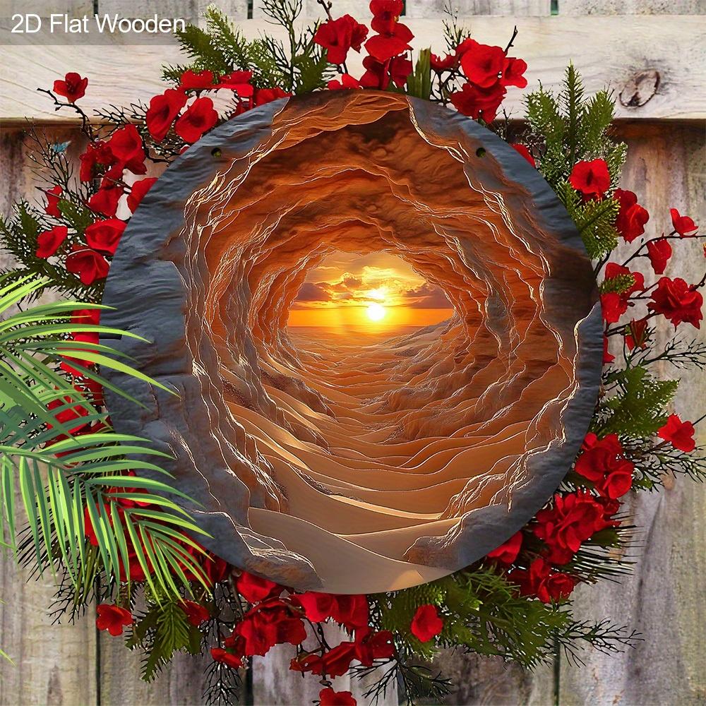 5pcs Wooden Wall Art Decor, 7.87" Round Plaque with Cave Sunrise Scene - Classic Style, Multipurpose Wall Hanging - No Electricity Required, Ideal for