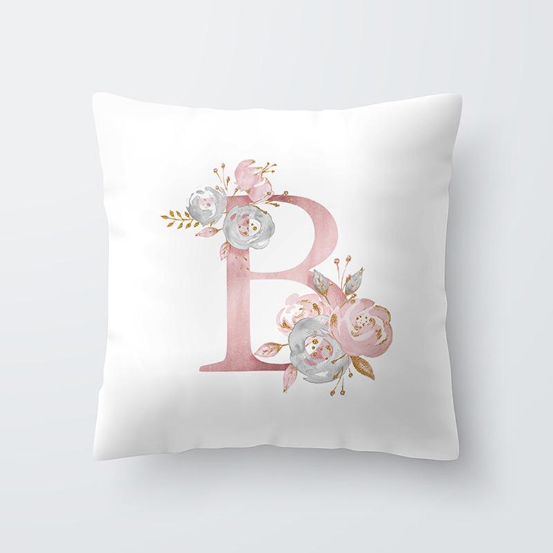 Pink Letter Decorative Floral Pillow Gold Alphabet Cushion for Sofa Polyester Pillowcase Decoration Salon