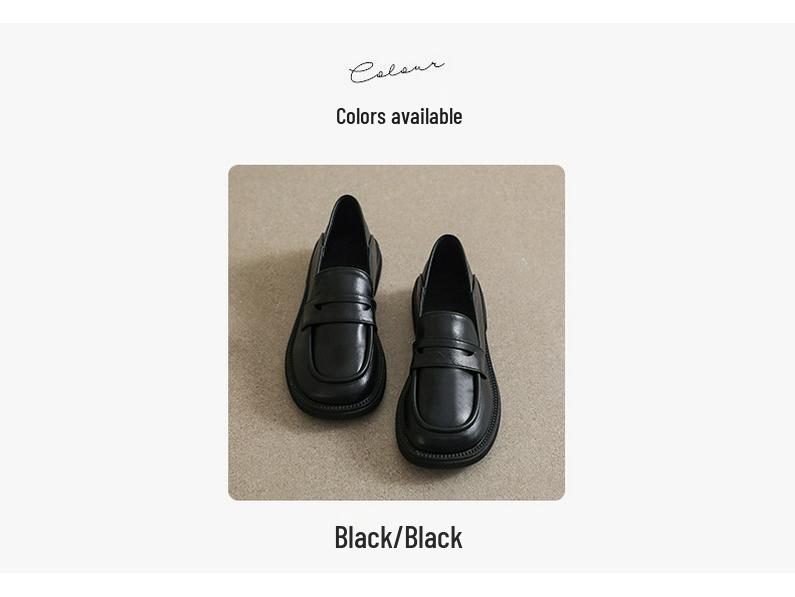 Women's Black British Style Leather Loafers: Thick Sole, Chunky Heel, Round Toe, Two-Wear Design - Spring 2025