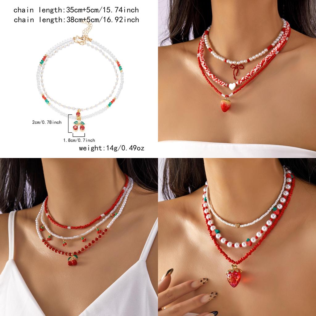 Romantic Heart Pearl Choker Necklace With Cherry And Strawberry Charms For Girls