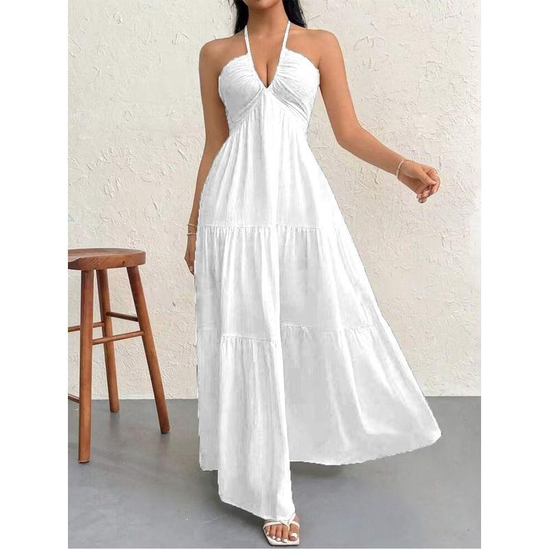 

Summer Women Deep V Road Shoulder Boho Belt Wedding Festival Party Dress White L