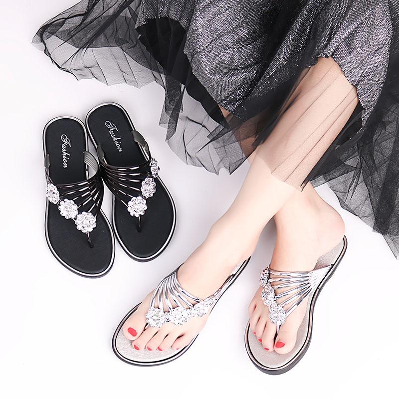 Women's Rhinestone Flower Flip Flops Flat Thong Sandals Casual Beach Slippers