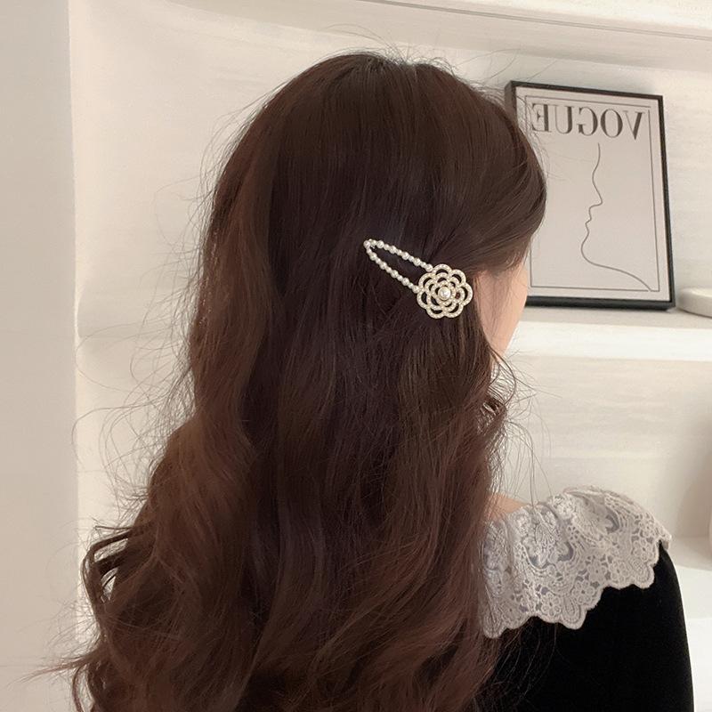 Korean Style Pearl Rhinestone Camellia Hair Clip Pearl Side Duck Beak Clip Women's Broken Bangs Clip Hair Accessories