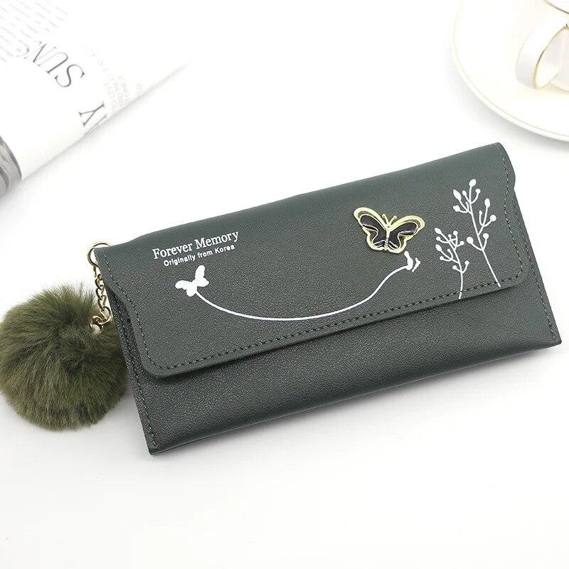 Butterfly Designer Women Long Wallets PU Leather Money Bag Solid Wool Ball Bow Clutch Bag Large Capacity Card Bag Coin Purse