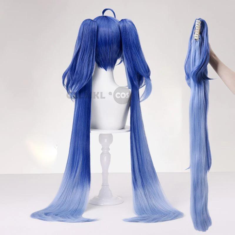 Juego Iuno Cabello Sintético Largo Degradado Azul Doble Cola de Caballo Peluca Cosplay Cabello Resistente al Calor Pelucas para Fiesta de Halloween