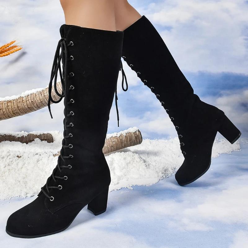 2026 New Autumn Trend Comfortable Designer Mid-calf Fashion Boots Woman Middle Heels Knee High Lace Up Boots Shoes for Women