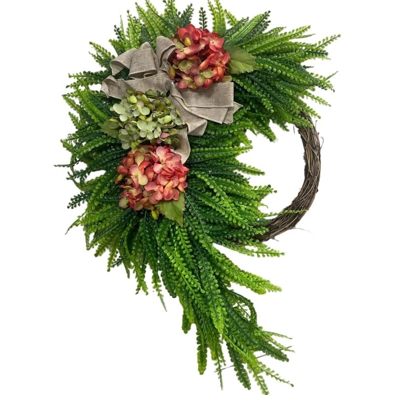 Rustics Floral Wreath Wall Hanging Rattan Frame With Artificial Hydrangea Blooms Ornament For Indoor Decoration