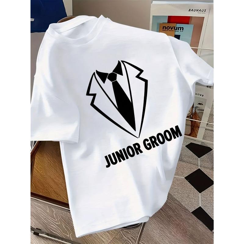 Kids Crewneck Short Sleeve T-Shirt, Junior Groom Lettering Suit Bow Tie Print 110 белый