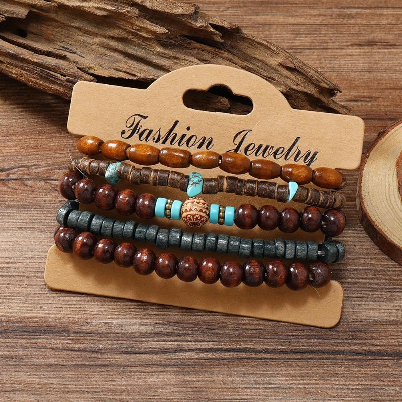 New Turquoise Wood Bead Coconut Shell Five-piece Bracelet Handmade Beaded Retro Fashion Bracelet