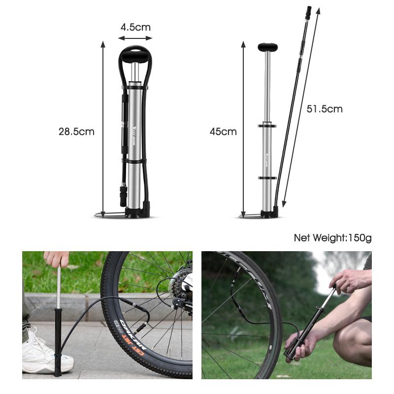 WEST BIKING 140psi High-pressure Bike Pump with Gauge for Fork Hand Cycling Tire Inflator Schrader Presta Valve Bicycle Pump