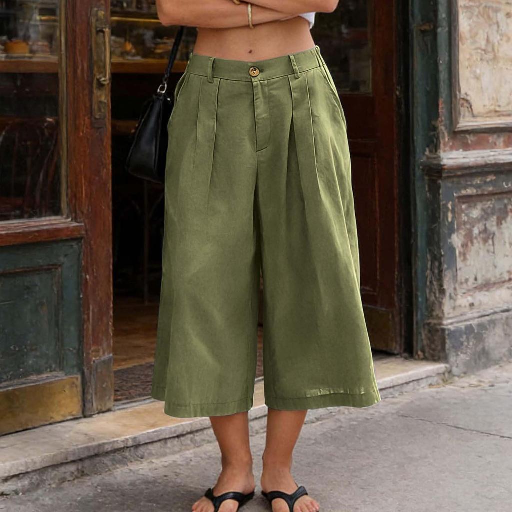 Women’s Casual Loose Fit Cropped Pants with Pockets Relaxed Mid Waist Wide Leg Seven Quarter Length Trousers for Everyday Wear