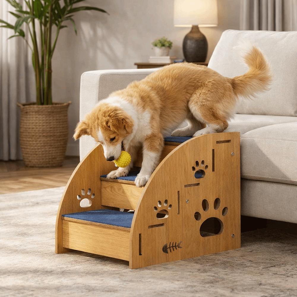Non-Slip Wooden Dog Stairs Safety Railing Dog Ladder Pet Staircase for High Beds Sofas