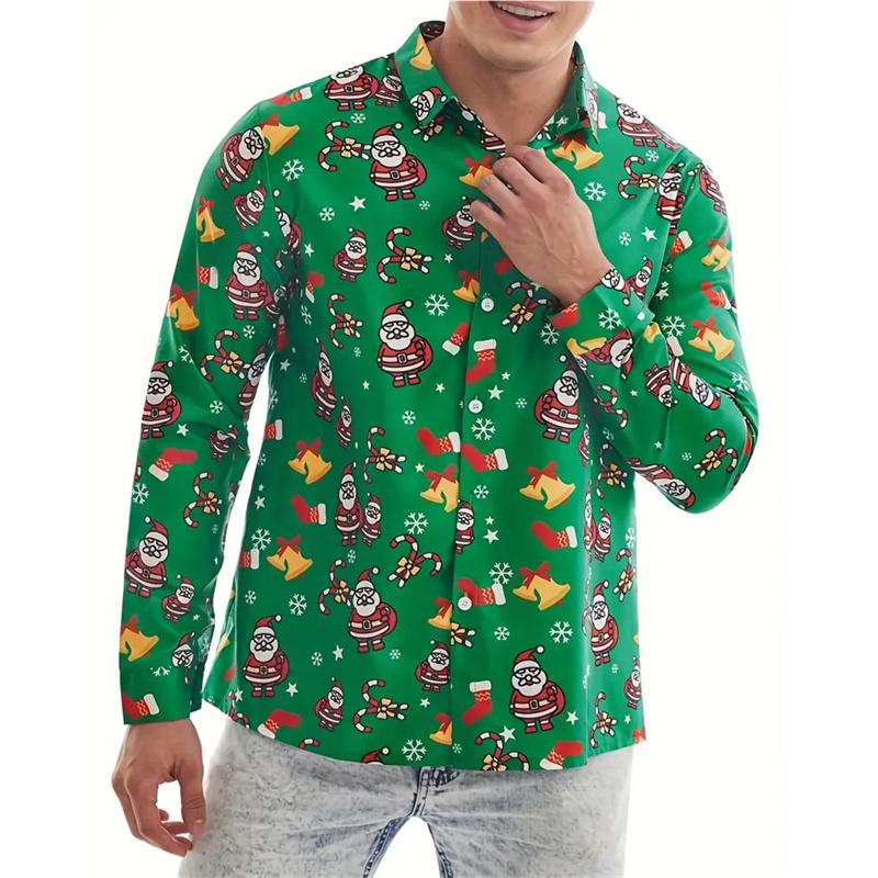 Reindeer Snowflake Pattern Hawaiian Shirts For Men Christmas Tree 3D Printed Blouse Casual Loose Aloha Shirts Long Sleeves Tops