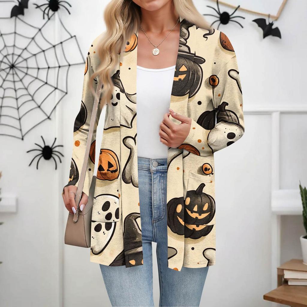 Dámské lehké kardigany s otevřeným předním dílem, dlouhým rukávem, ležérního volného střihu, tenké kardigany s kapsami