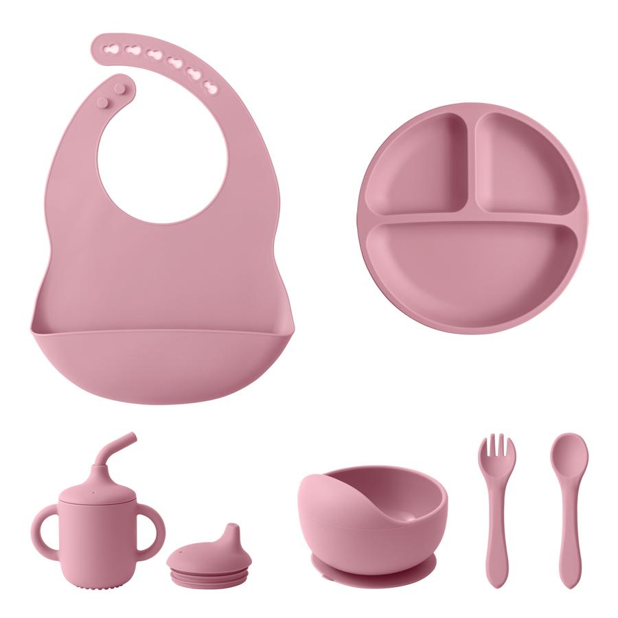 Color Kids 6PCS Silicone Baby Feeding Set Sucker Bowl Dinning Plate Straw Cup Spoon Fork Toddler Dishes Bib Children's Tableware