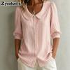New Summer Striped Ruffle Collar Button-Down Shirt for Women