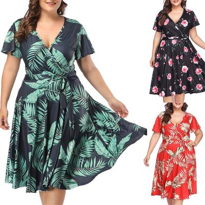 Women's Plus Size V-neck Sashe Boho Print Short-sleeved Dress