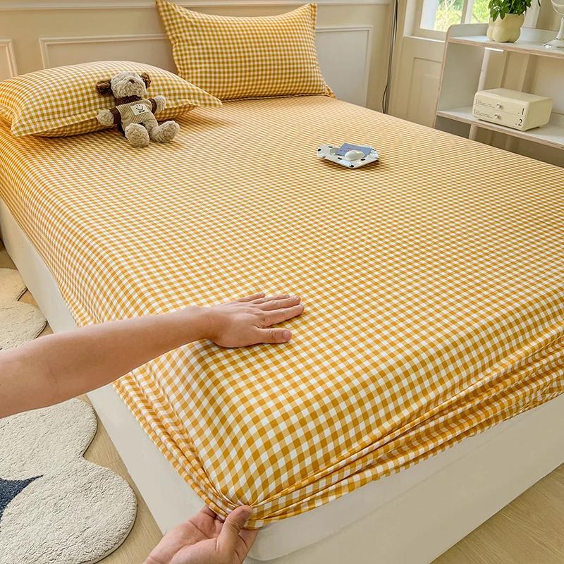 Plaid Fitted Sheet With Elastic Band Non Slip Adjustable Mattress Cover Soft Comfortable For Single Double King Queen Size