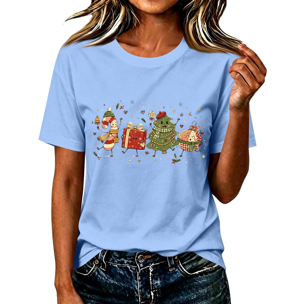 Women's Casual Christmas Printed Short Sleeve T-Shirt with Festive Holiday Design