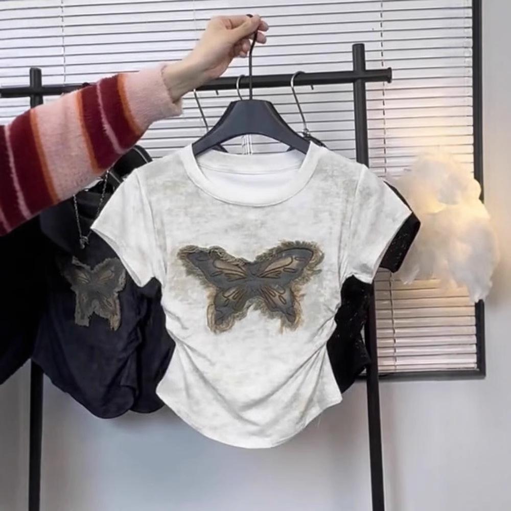 Women's New Summer Butterfly Tie-Dye Slim Fit T-Shirt - Short Sleeve, Straight Shoulder, Korean Style.