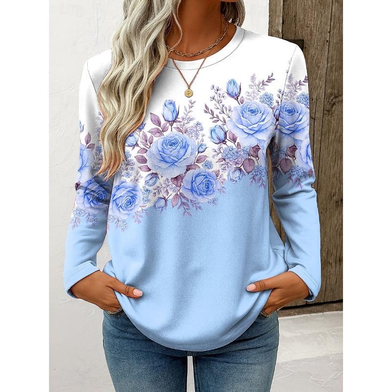 Damen T-Shirt Lässig Langarm Tops Floral Grafik T-Shirts Hemd Bluse O-Ausschnitt Herbst Winter Streetwear Stil y2k Pullover